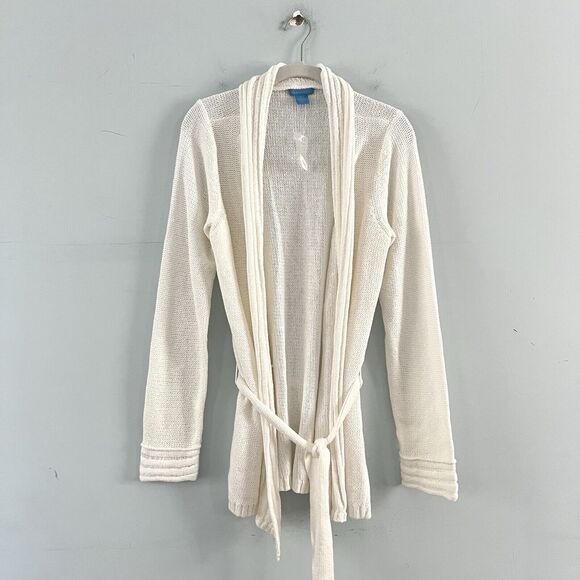 White + Warren Open Front Self Tie Belt White Cotton Cardigan Sweater - Picture 2 of 4
